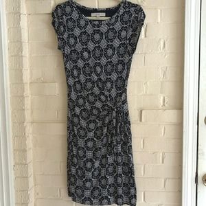 Loft Side Tie Dress Navy White Floral Size Women's Small Petite Midi Jersey Knit
